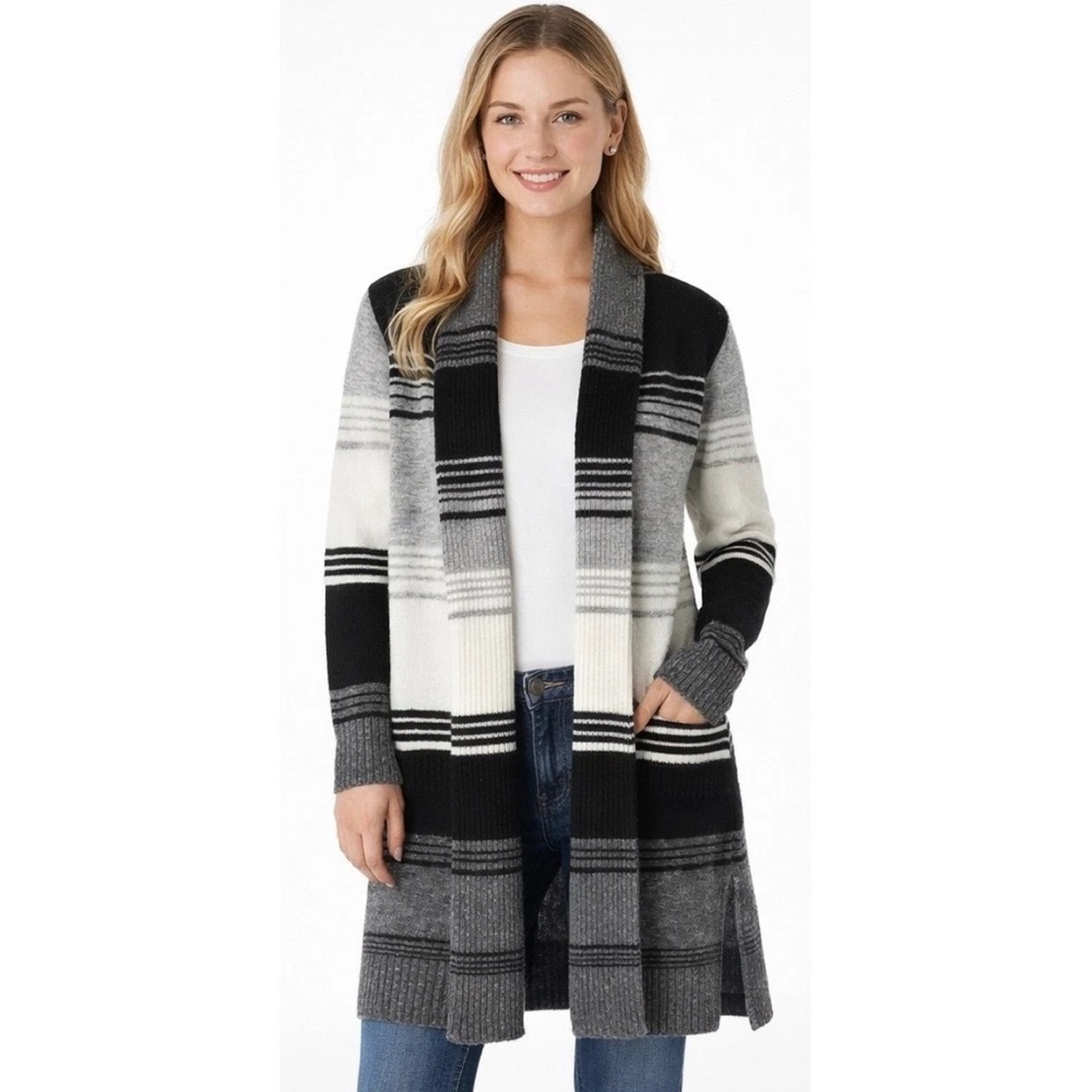 Time and Tru Womens XL Cozy Striped Cardigan Sweater Side Slit Soft Stretch NWT
